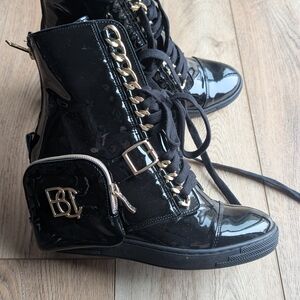 Black Patent Leather Ankle Boots with Gold Accents